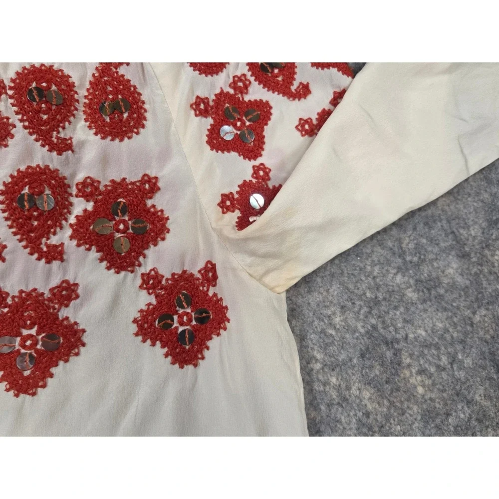Tory Burch Silk Embroidered Mirror Sequin Blouse Ivory Red Boho Top Size 6